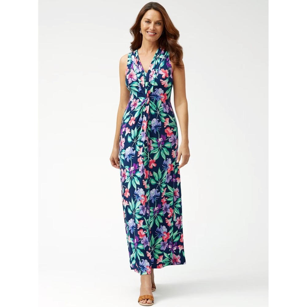 Floral Tropical Knot Front Maxi Dress Navy Pink Purple Sleeveless V-Neck Gown
